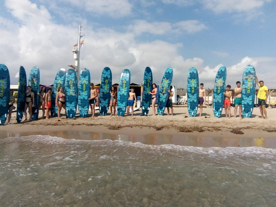 Fila de tablas de surf en la orilla con el grupo de campistas detrás